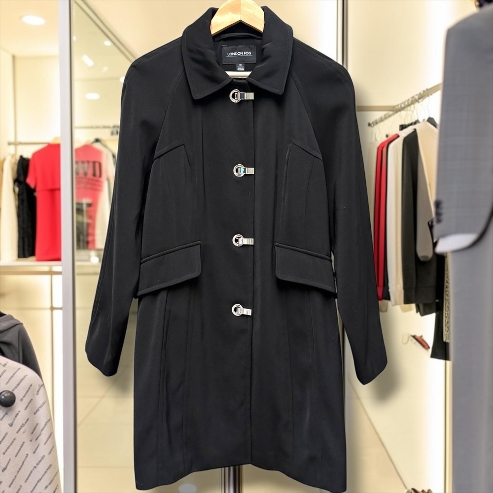 London Fog Black Car Coat Metal Swivel Latch Closure Mid Length Jacket Y2K
